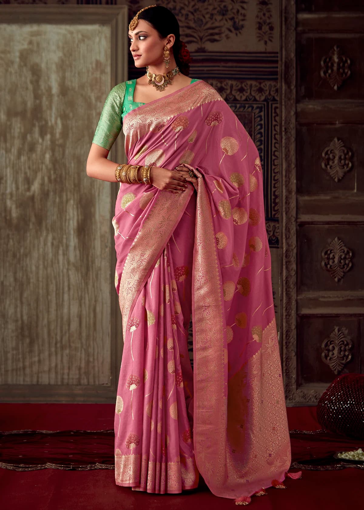 Coral Pink Silk Saree