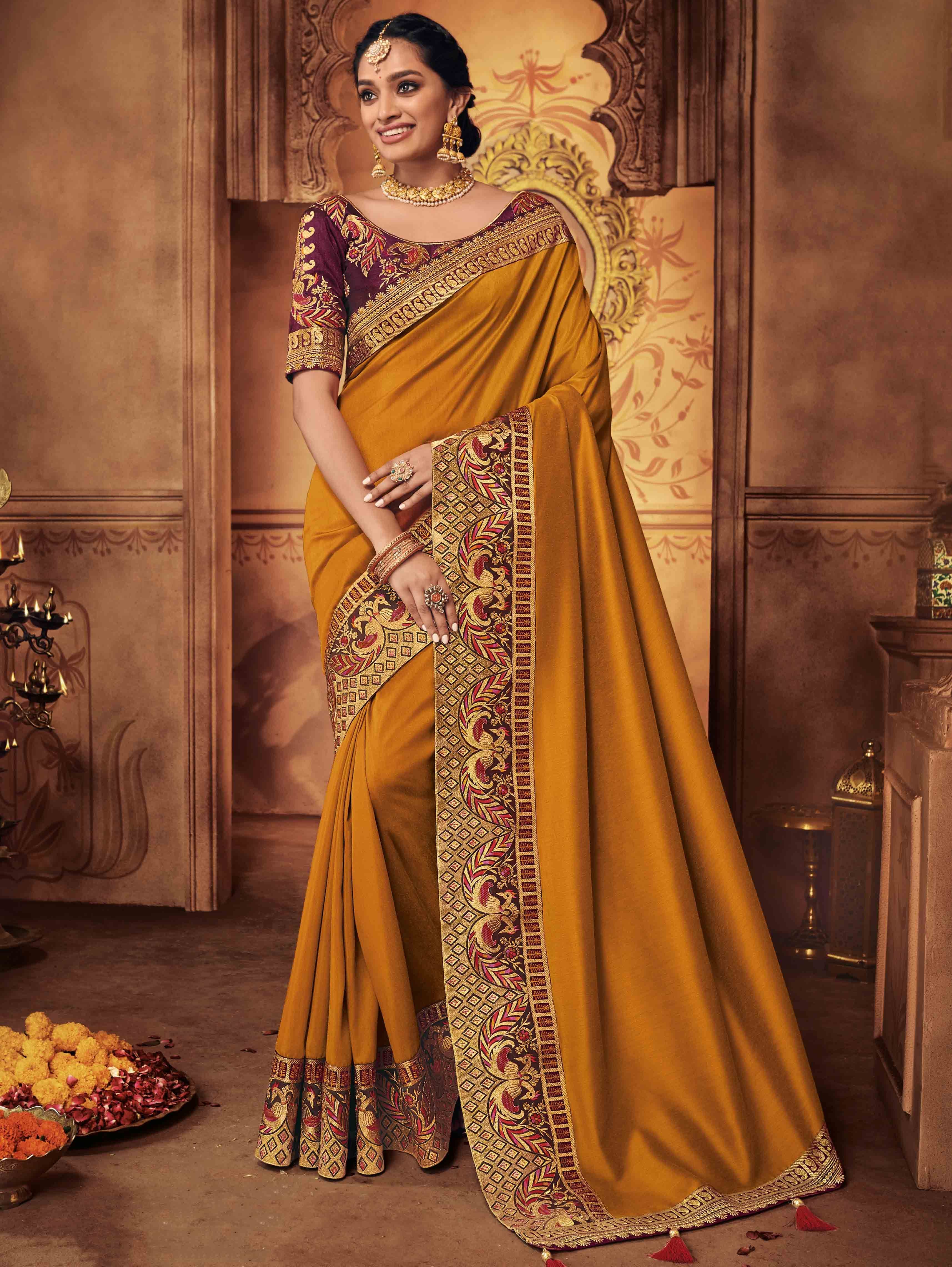 Mustard Yellow Embroidered Saree